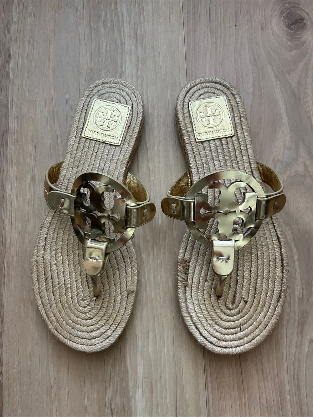 Tory Burch Metallic Gold Logo Rope Espadrille Thong Sandals